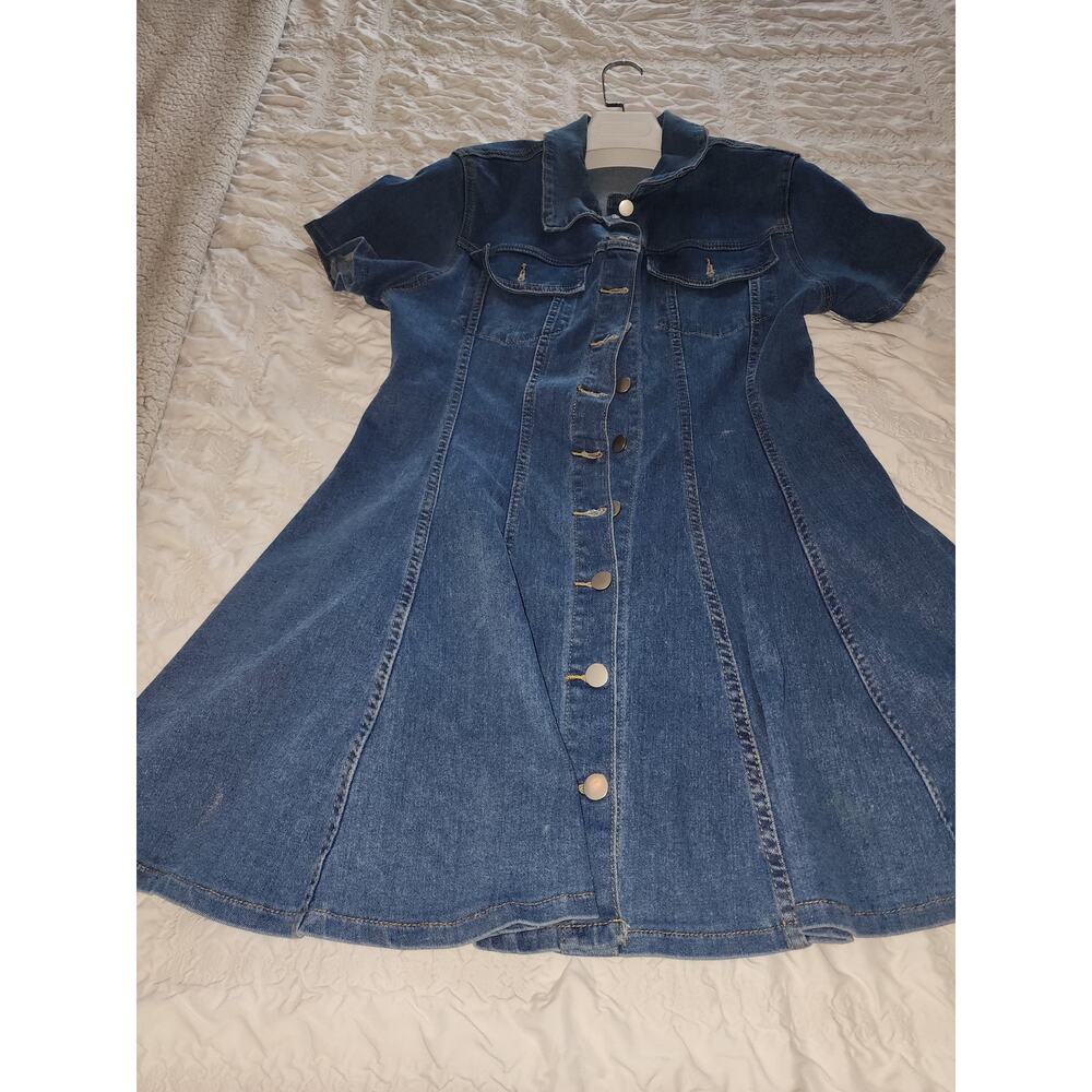Short Sleeve Wash Stretch Denim Mini Dress SZ L - Picture 4 of 9